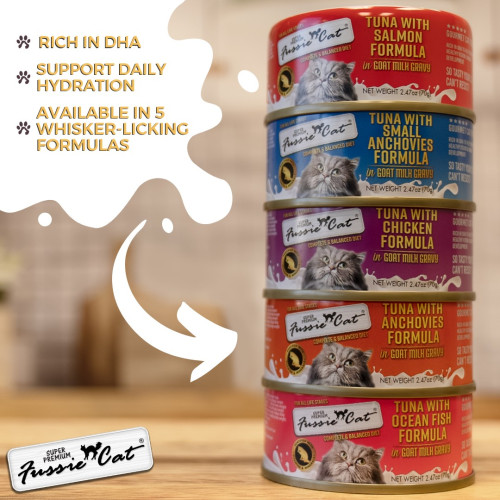 (原箱優惠) Fussie Cat Super Premium in Goat Milk Gravy - Tuna with Ocean Fish Formula in Goat Milk Gravy 70g X 24罐 高竇貓 極品 吞拿魚+海魚 山羊奶湯汁主食罐 全齡 (FUM-BLC)